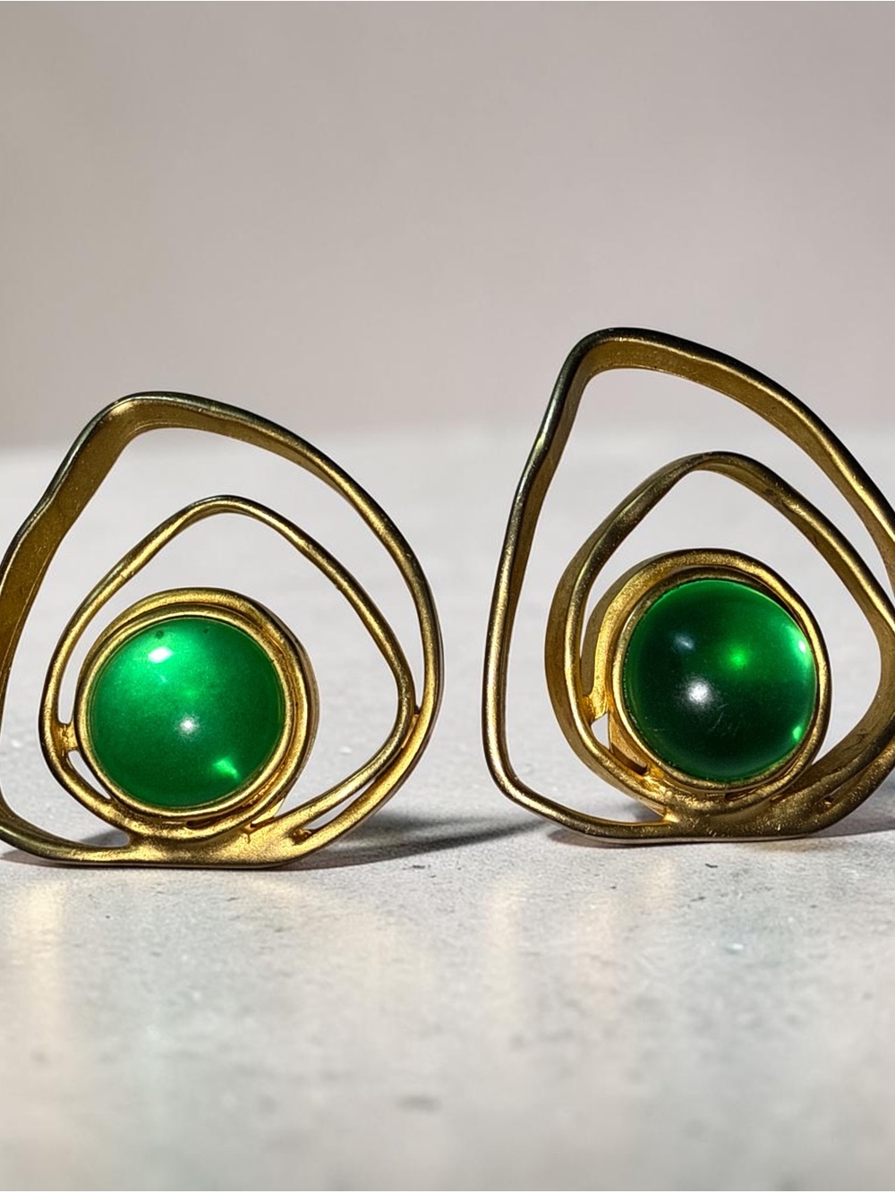 Vintage signed large Norma Jean green cabochon clip on earrings